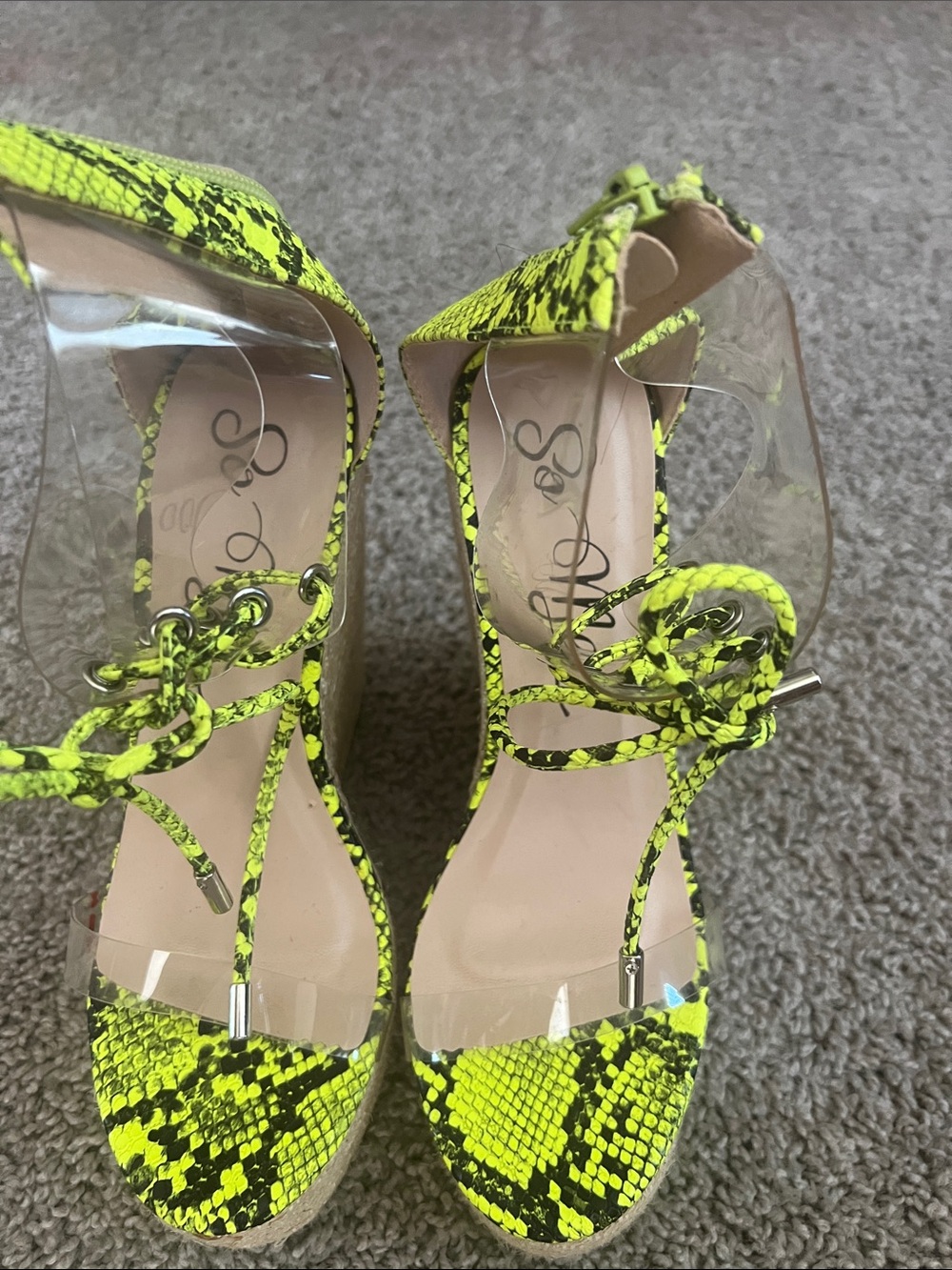 Qupid Neon Yellow Snake-Print Lace-Up Platform Sandals with Clear Straps